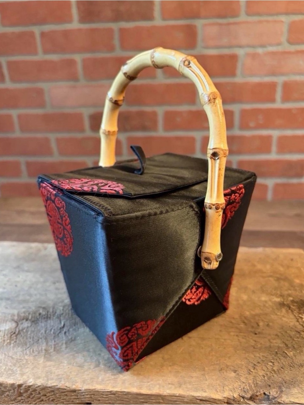 Tozai Home Chinese Takeout
Box Purse Black Red Satin With Bamboo Handle
